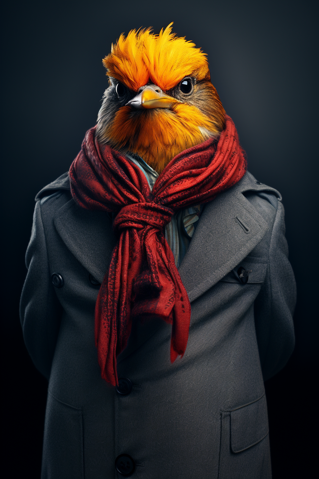 AI generated: Midjourney prompt: a bird in clothing with an orange hair and a scarf... (Midjourney - Portraits)
