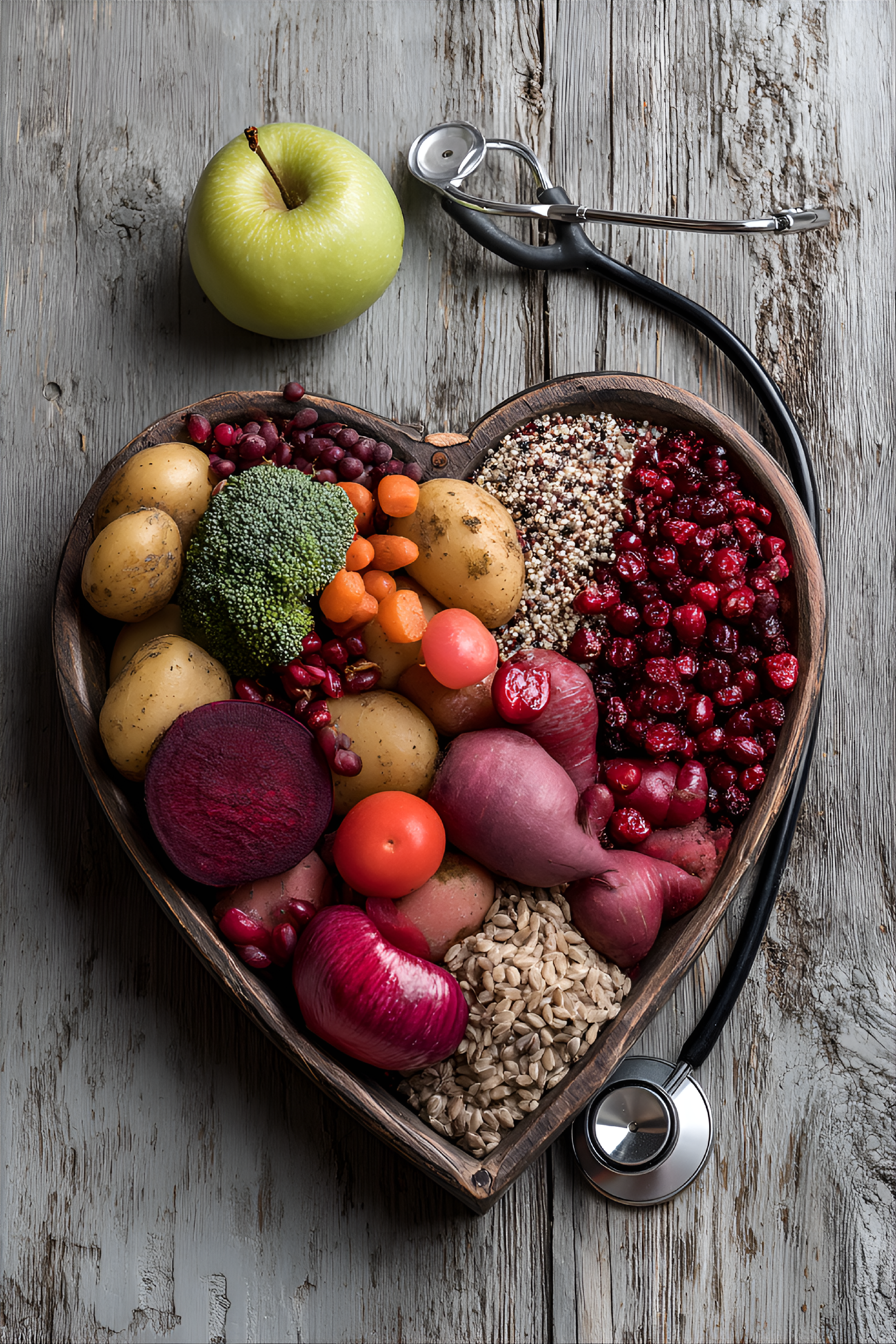 AI generated: Midjourney prompt: heart-shaped wooden bowl filled with various fruit... (Midjourney - Food & Drink)