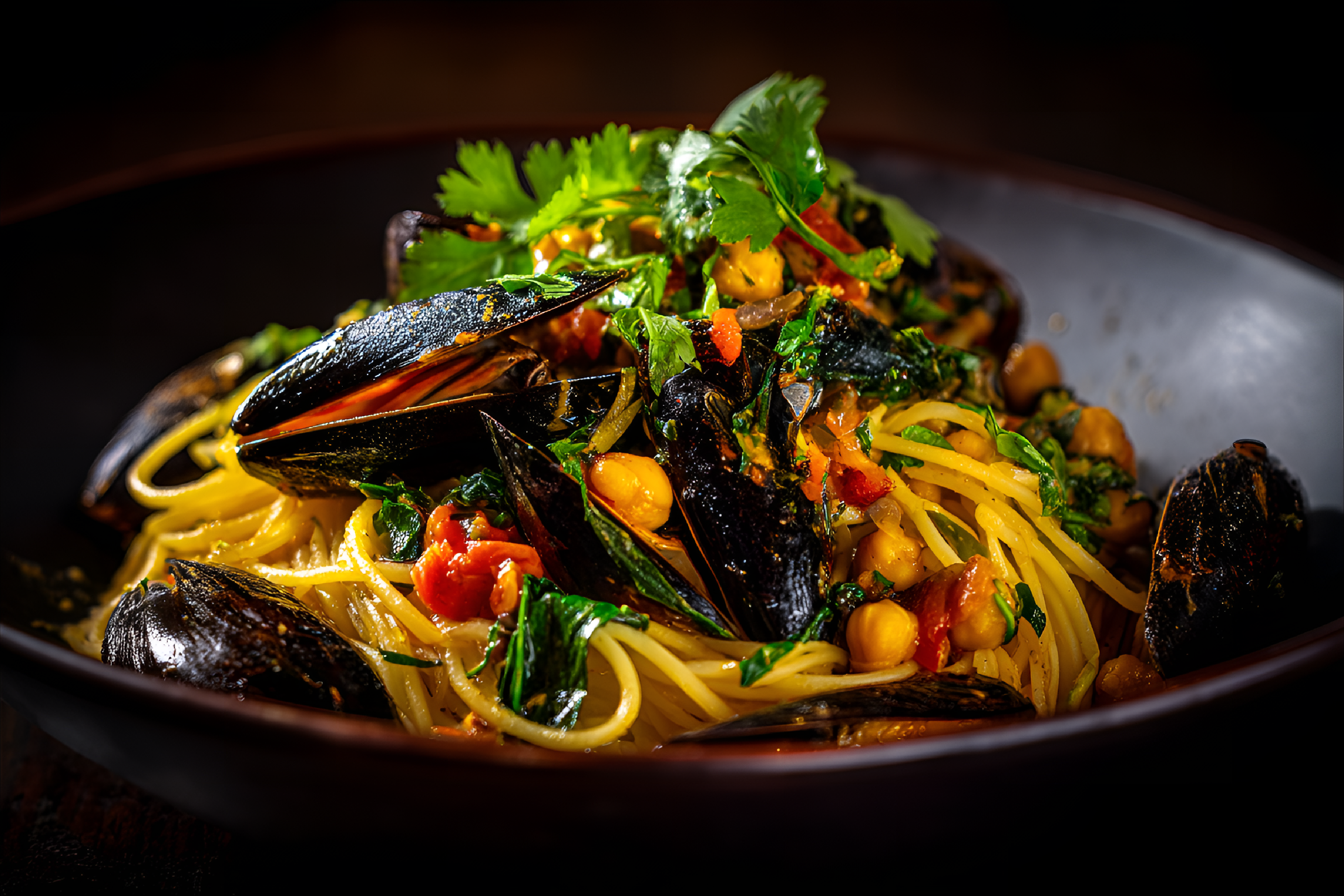 Midjourney prompt: arge, dark brown bowl filled with a hearty seafood... - Midjourney