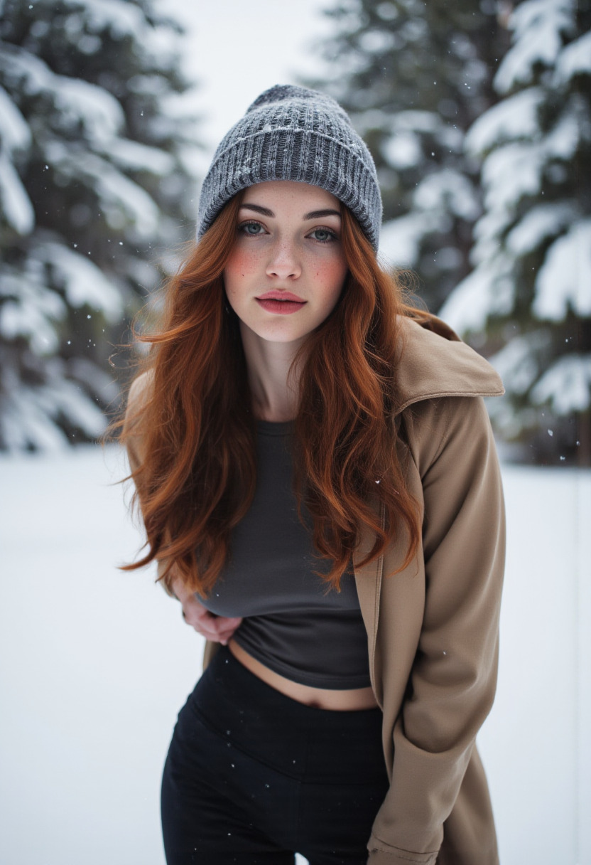 AI generated: FLUX prompt: A woman stands in the midst of a winter wonderland... (FLUX - Photography)