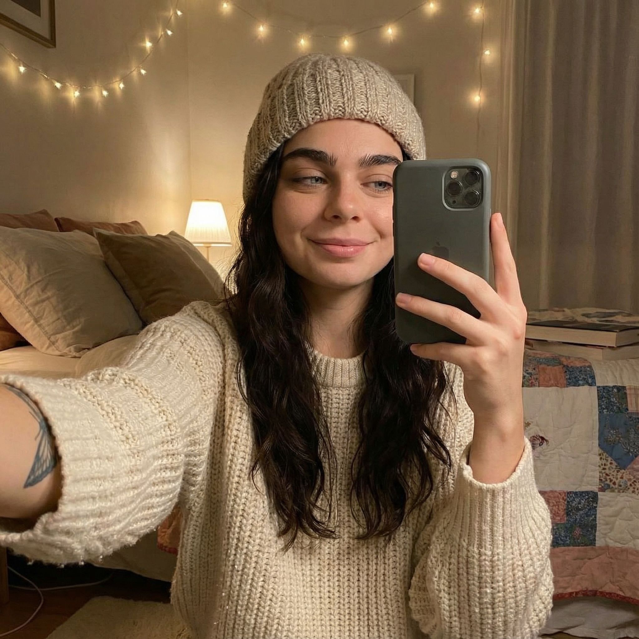 AI generated: Nano Banana prompt: "A realistic, cozy scene, taking a selfie in her d... (Nano Banana - Portraits)