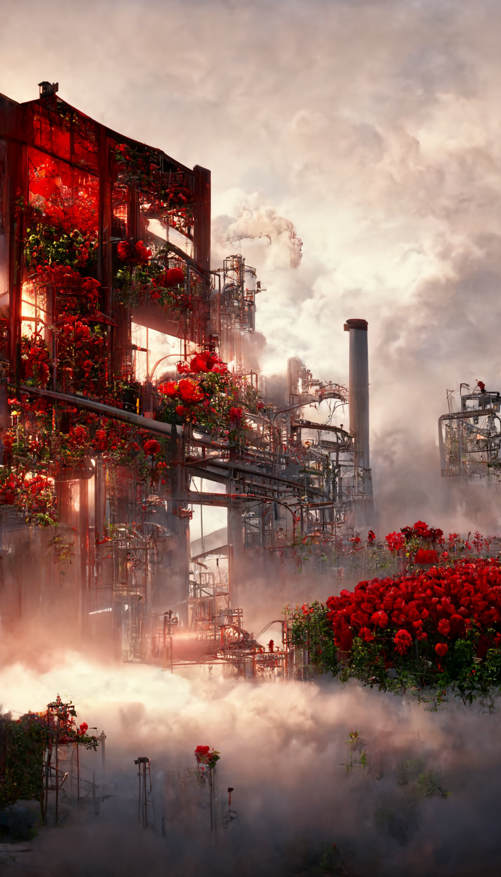 Midjourney prompt: Garden+factory,Tall factory,Many red r...
