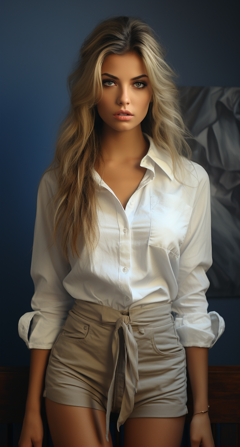 Midjourney prompt: a woman wearing white shirt and blue shorts, in th... - Midjourney