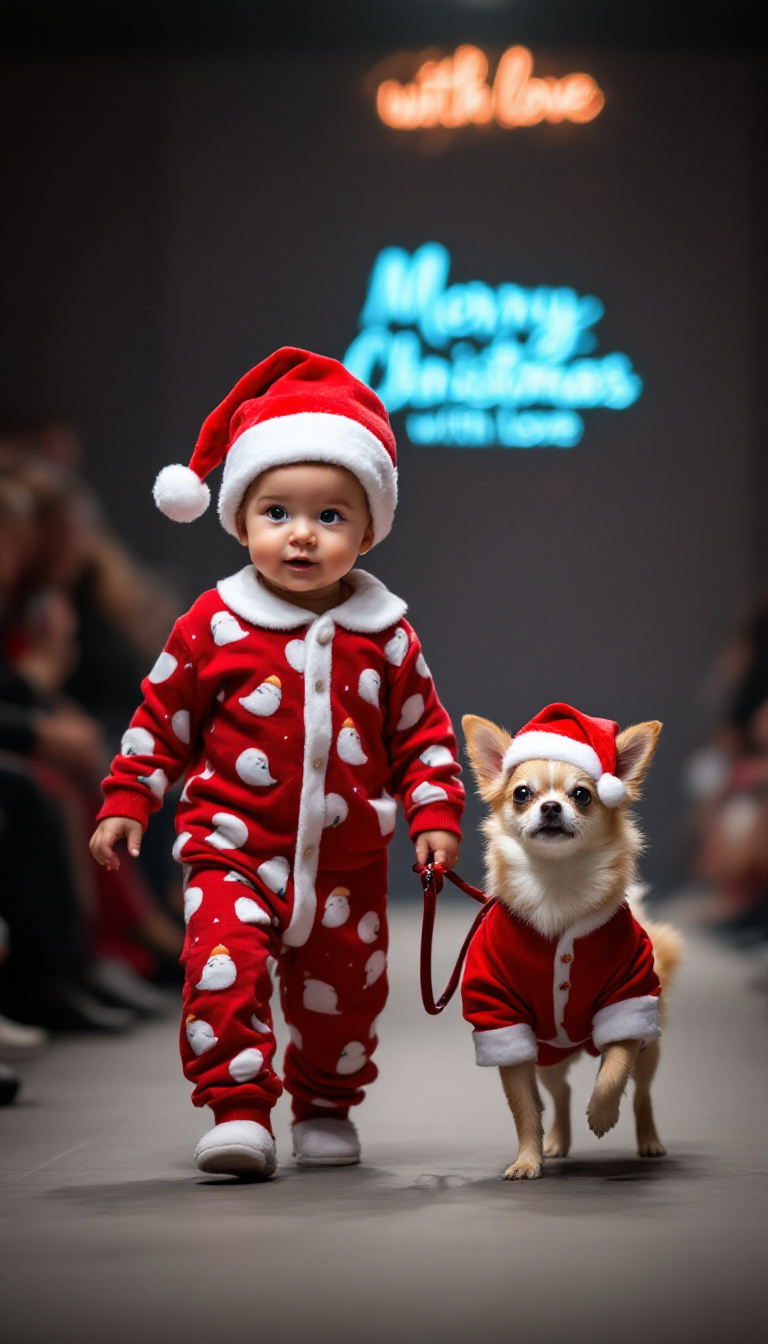 AI generated: FLUX prompt: A baby dressed in santa claus pajamas leads a pet ... (FLUX - Fashion)