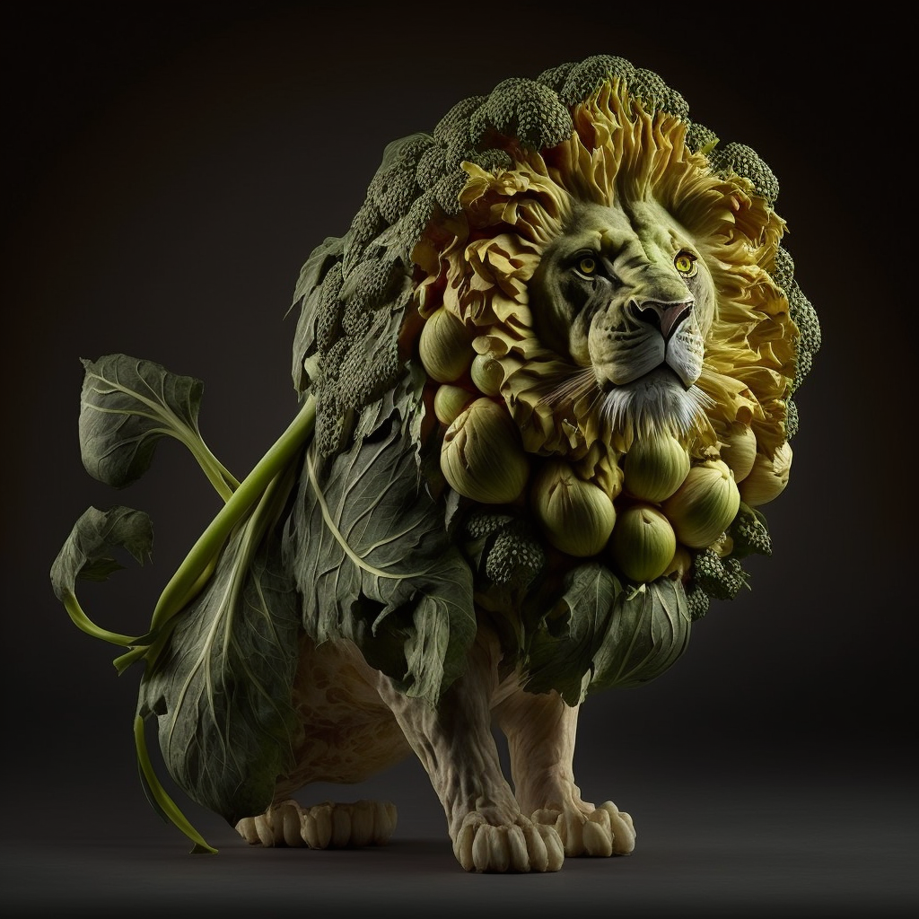 صورة مولدة بالذكاء الاصطناعي: Midjourney prompt: a lion in a shape of an cauliflower::100, vegatabl... (نموذج Midjourney - تصوير فوتوغرافي)