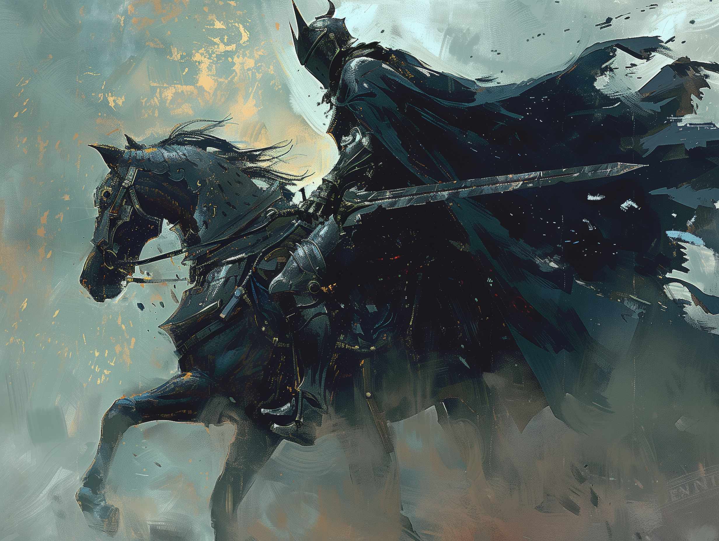 صورة مولدة بالذكاء الاصطناعي: Midjourney prompt: a knight in his shinig armor on his dark horse, in... (نموذج Midjourney - صور شخصية)