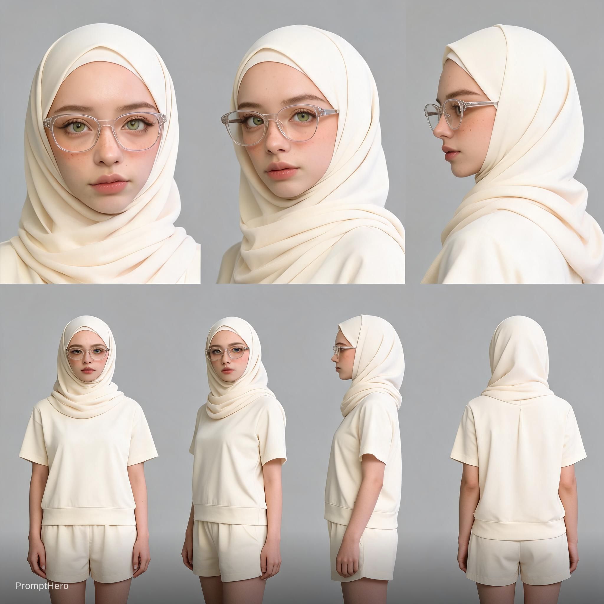 AI generated: Seedream 5 prompt: Create a realistic DSLR character sheet on a grey ... (Seedream 5 - Portraits)