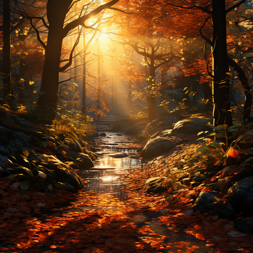 AI generated: Midjourney prompt: autumn forest, sun glare, path, carpet... (Midjourney - Landscapes)