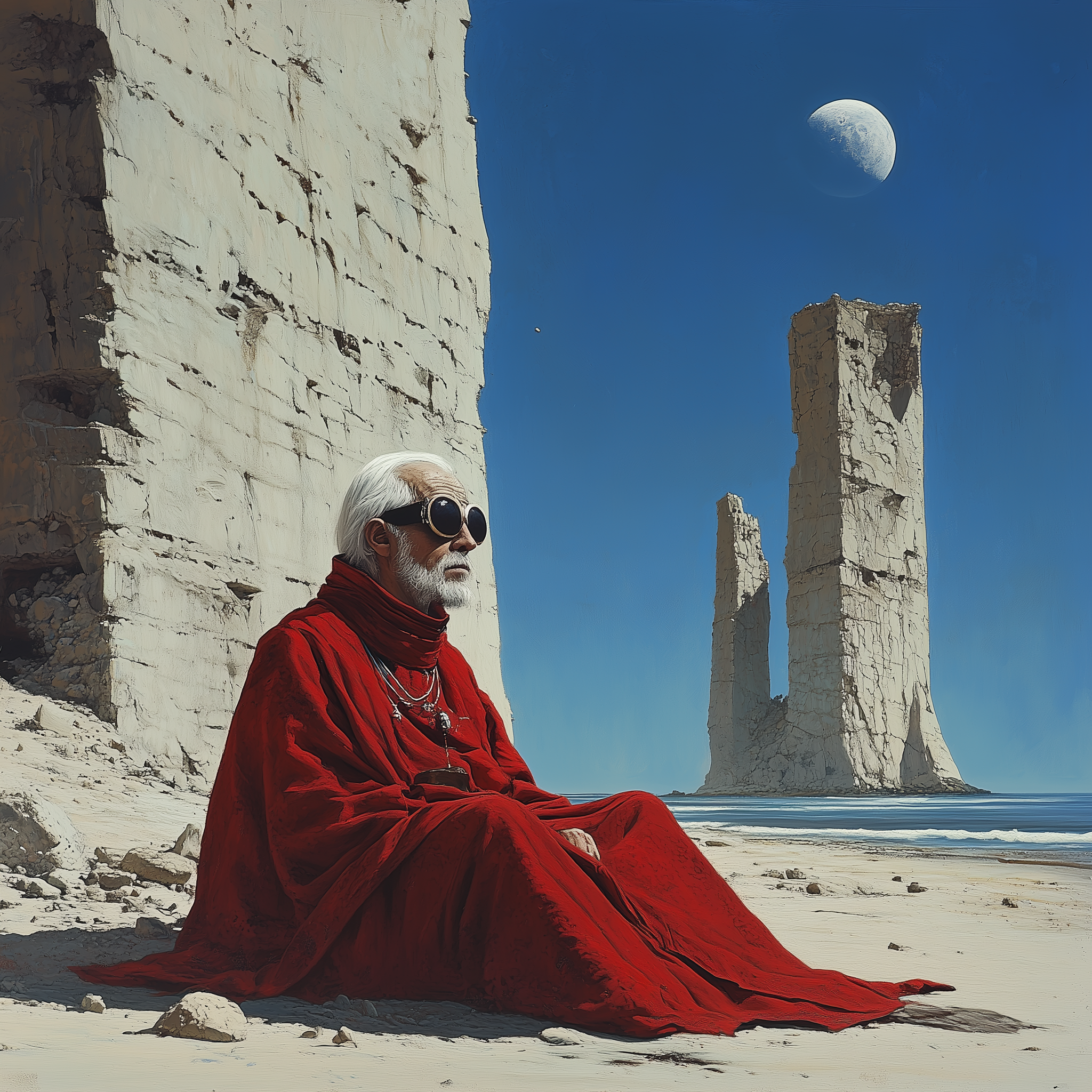 صورة مولدة بالذكاء الاصطناعي: Midjourney prompt: An old man in red and white robes sits on the beac... (نموذج Midjourney - فن مفاهيمي)