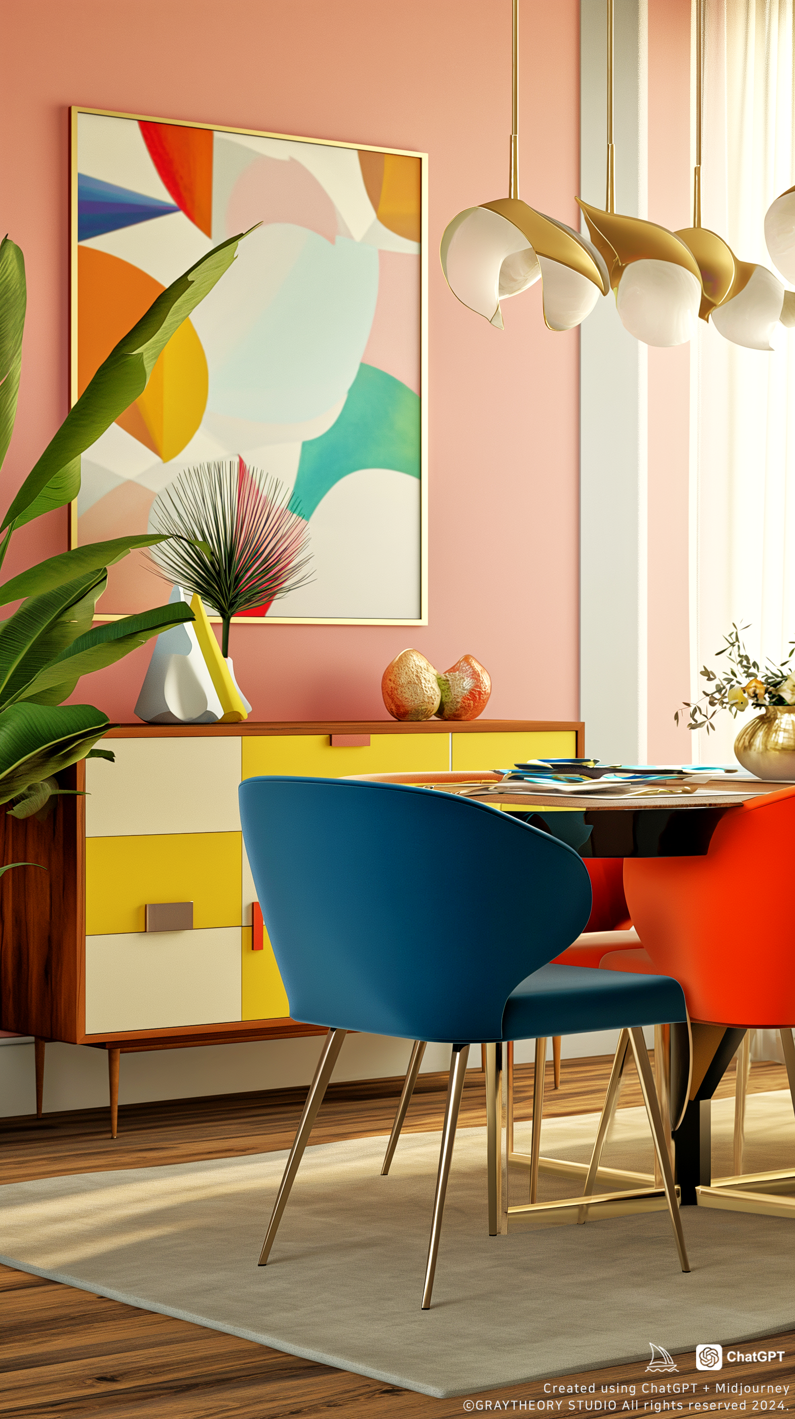 AI generated: Midjourney prompt: cinematic, a vibrant Mid-century modern dining are... (Midjourney - Interior Design)