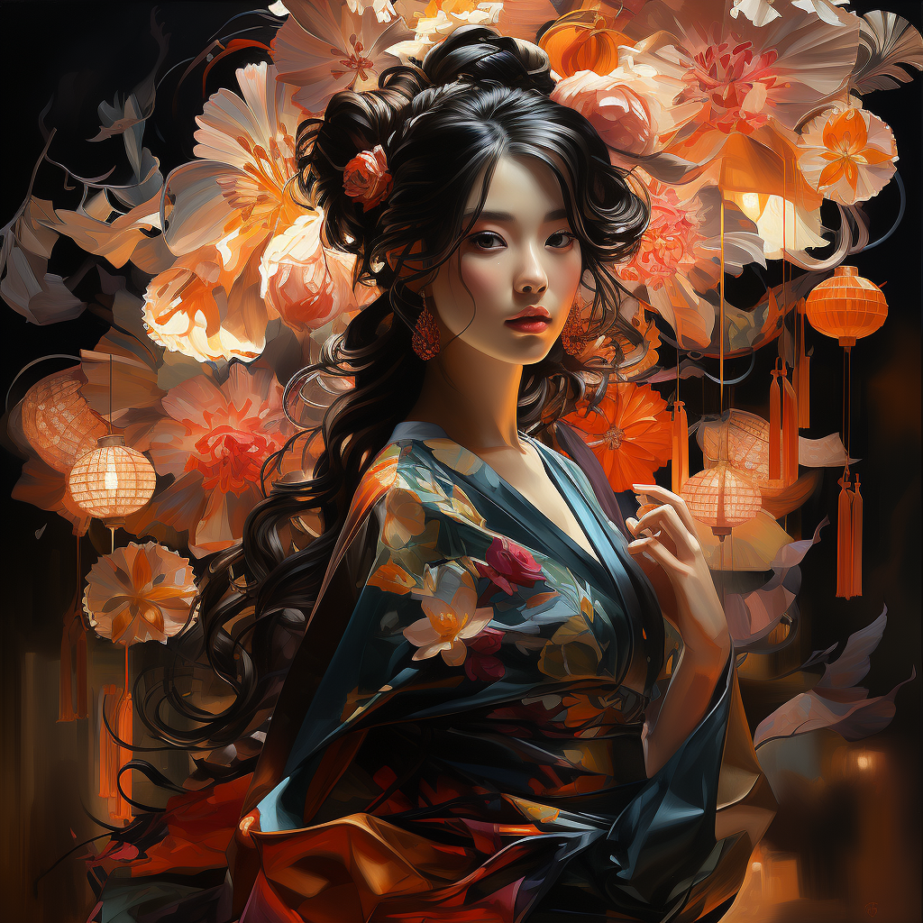 Midjourney prompt: An ethereal Geisha amidst a festival night, paper ... - Midjourney