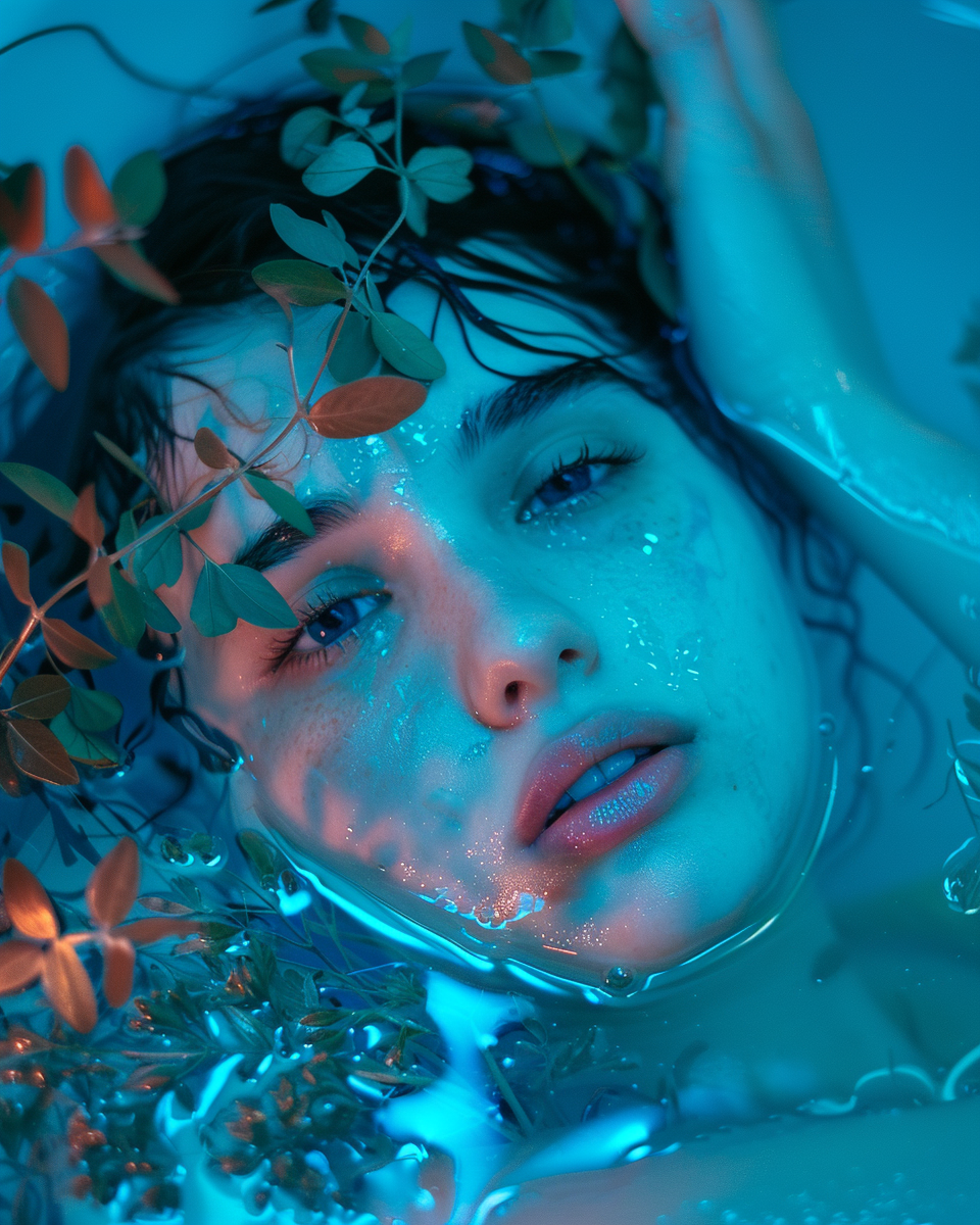 AI generated: Midjourney prompt: a photograph of an woman laying in water, covered ... (Midjourney - Photography)