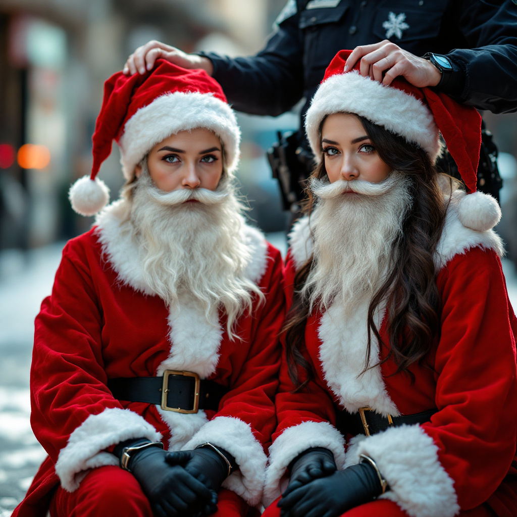صورة مولدة بالذكاء الاصطناعي: FLUX prompt: Two female male Santa Claus criminals strong wear... (نموذج FLUX - فن مفاهيمي)