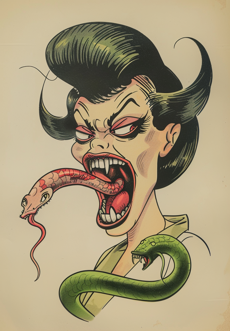 Midjourney prompt: A vintage cartoon of an angry woman with her tongu... - Midjourney