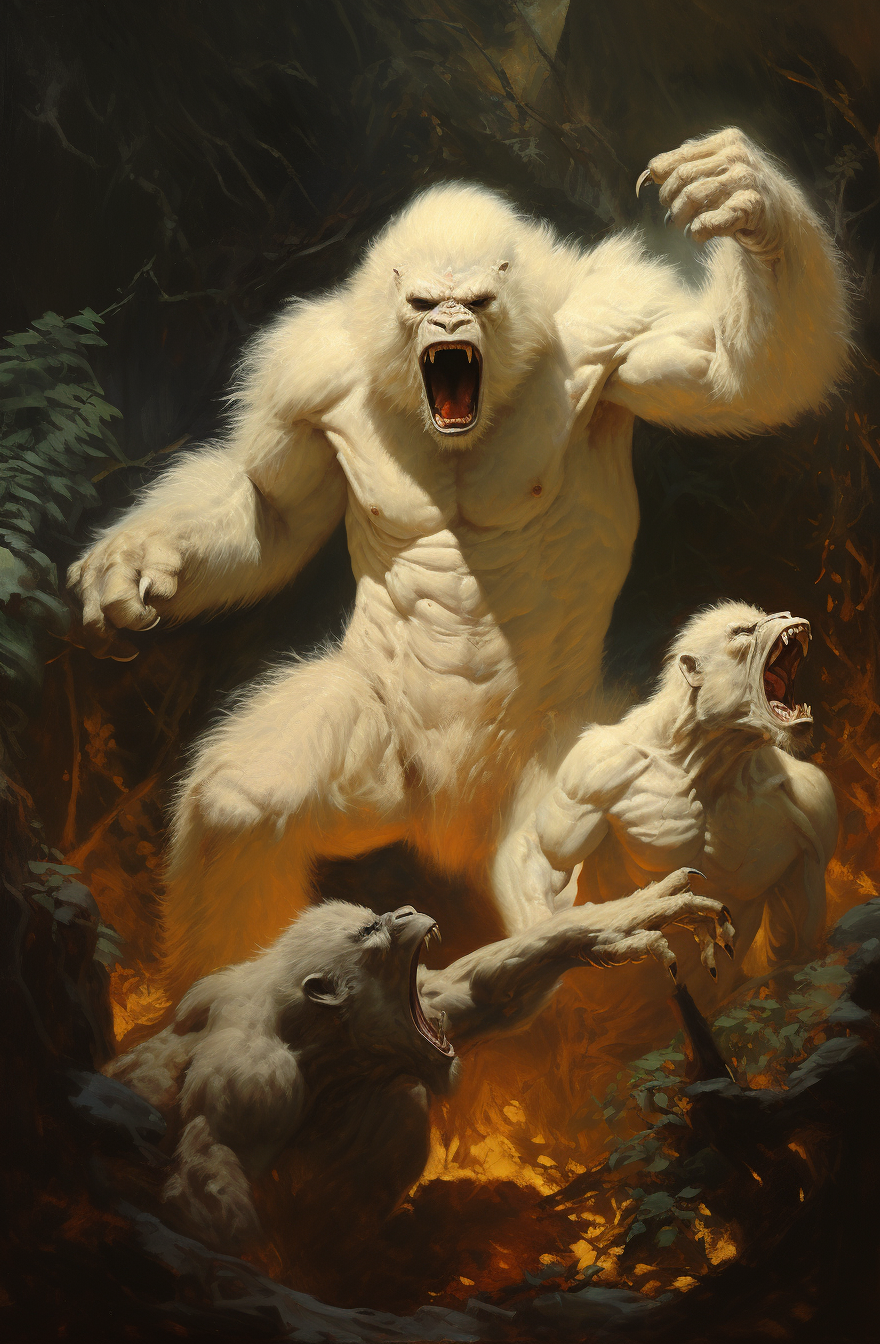 Midjourney prompt: A white gorilla fighting three lions in the style ... - Midjourney