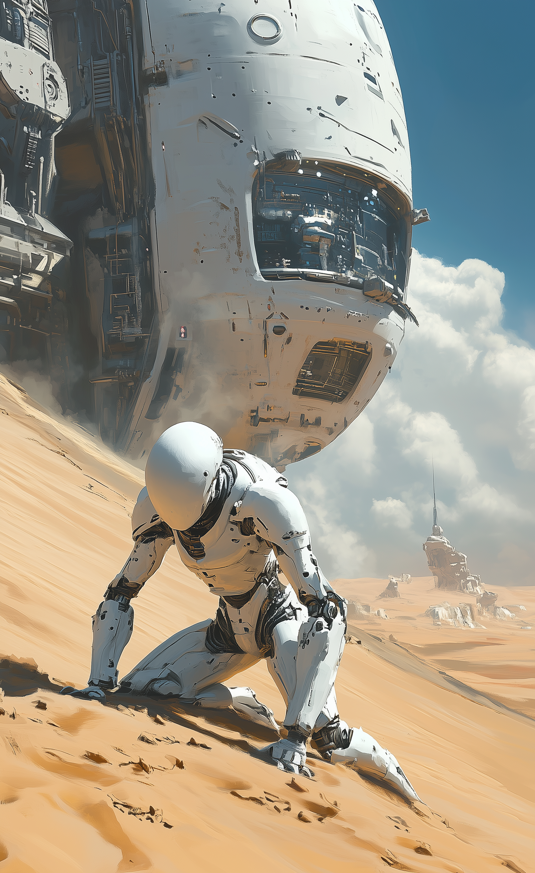 AI generated: Midjourney prompt: A white humanoid robot with no face, crawling on t... (Midjourney - Concept Art)