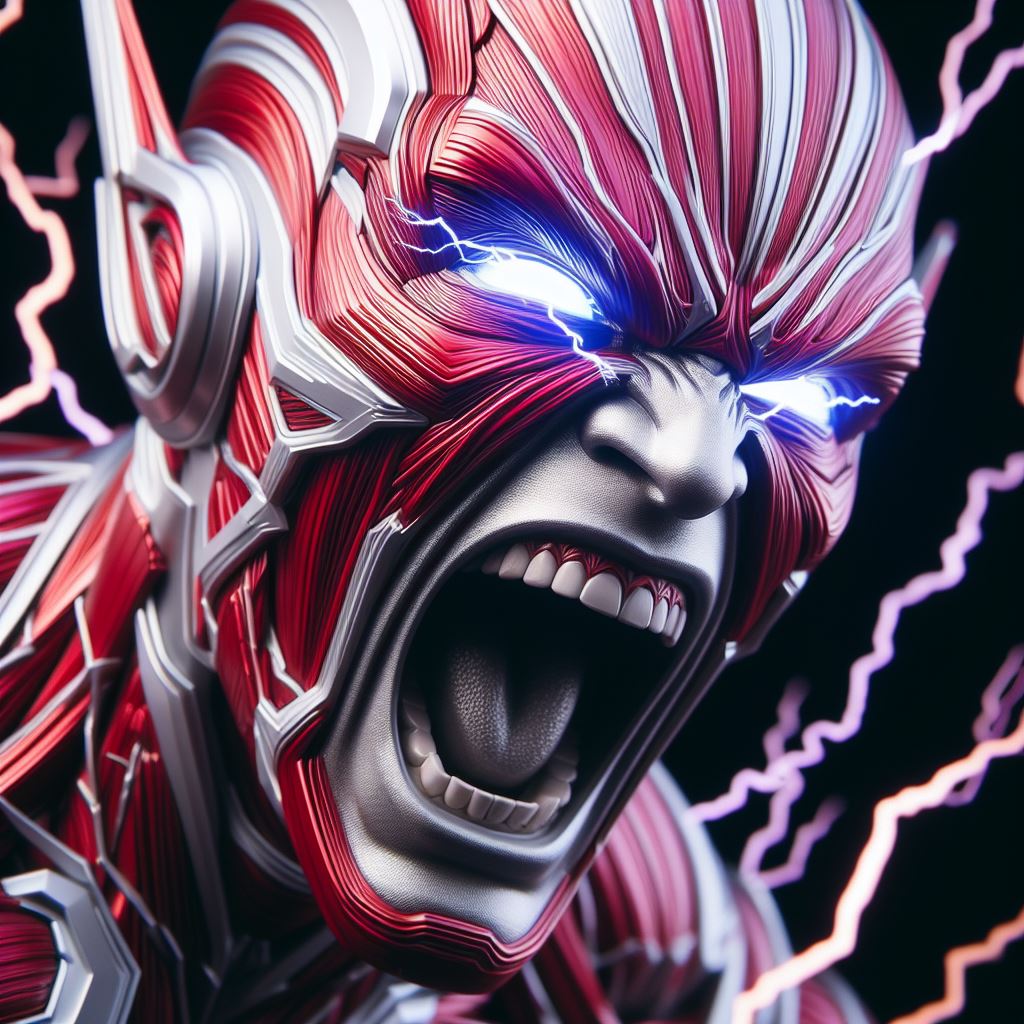 DALL·E prompt: close up of Electro of Marvel screaming, i...