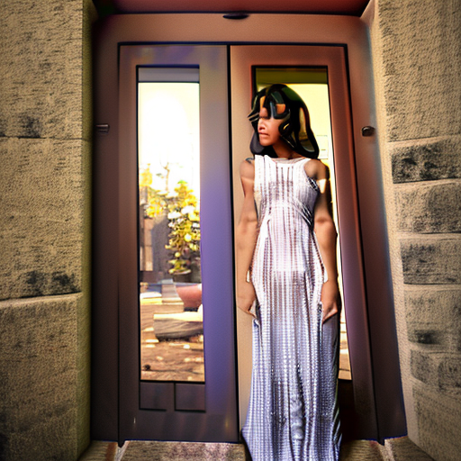 Stable Diffusion prompt: wearing a dress, standing in do...