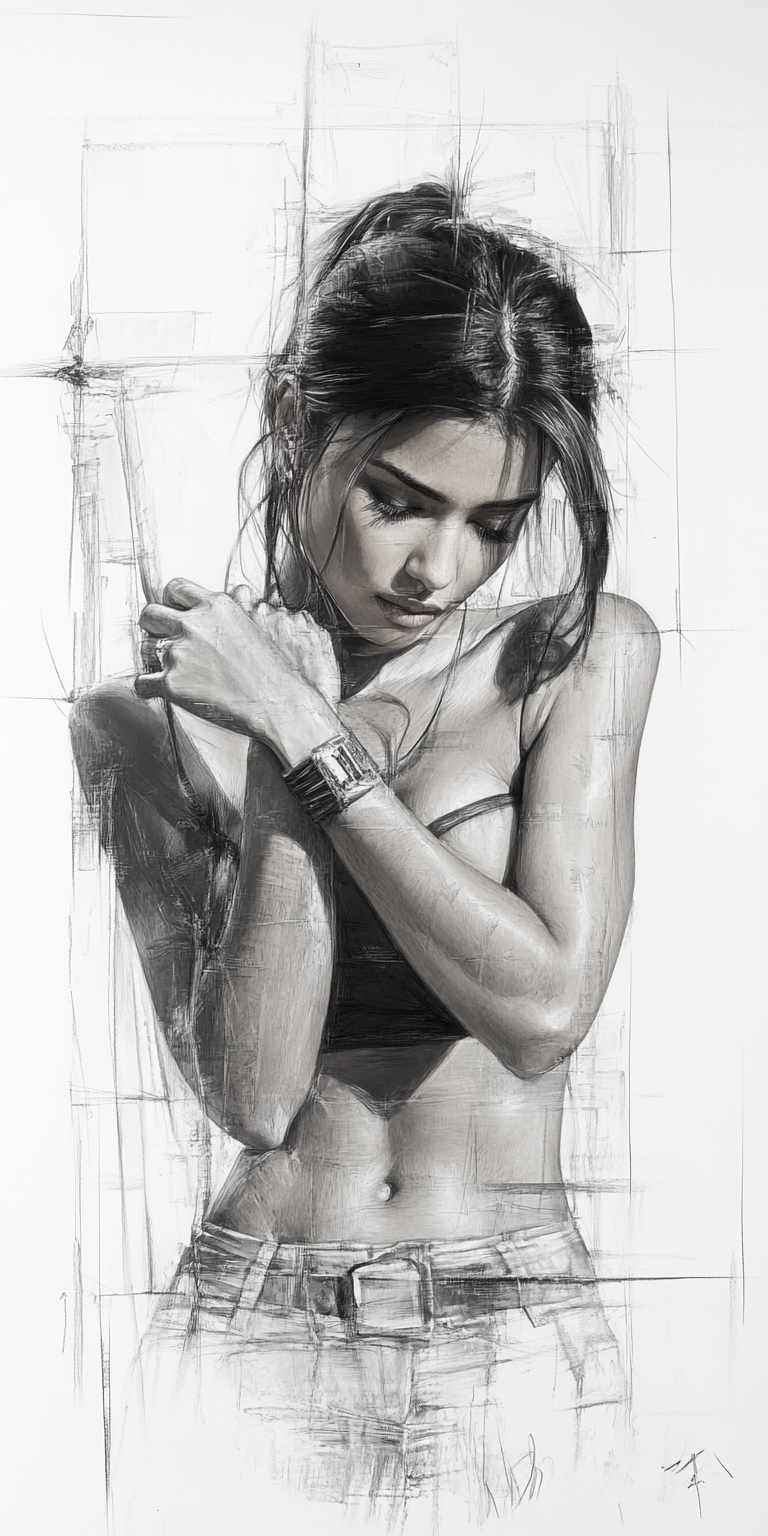 AI generated: Midjourney prompt: Rough charcoal sketch on old paper, beautiful fema... (Midjourney - Portraits)