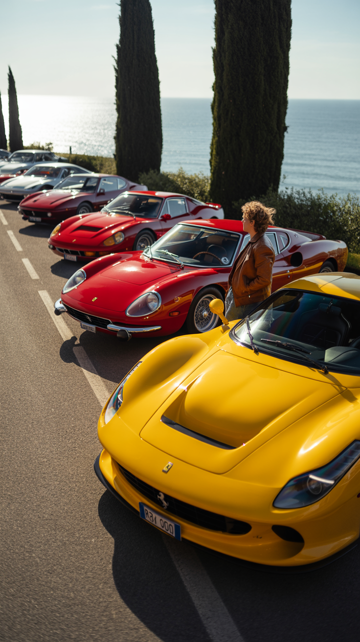 صورة مولدة بالذكاء الاصطناعي: Ideogram prompt: A lineup of iconic Ferrari models parked along a s... (نموذج Ideogram - مناظر طبيعية)