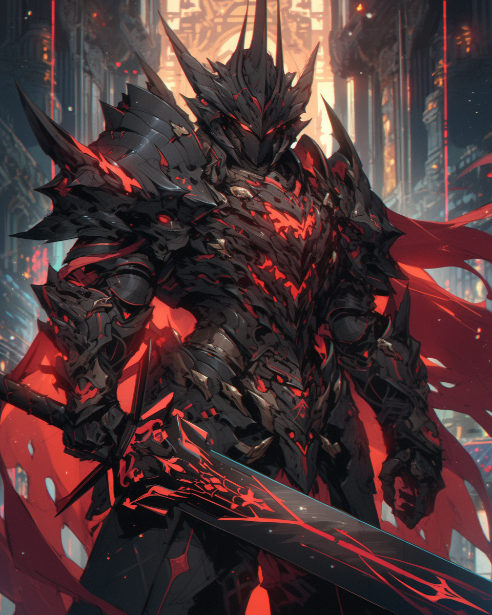 Midjourney prompt: a knight in black with red swords, in the style of... - Midjourney