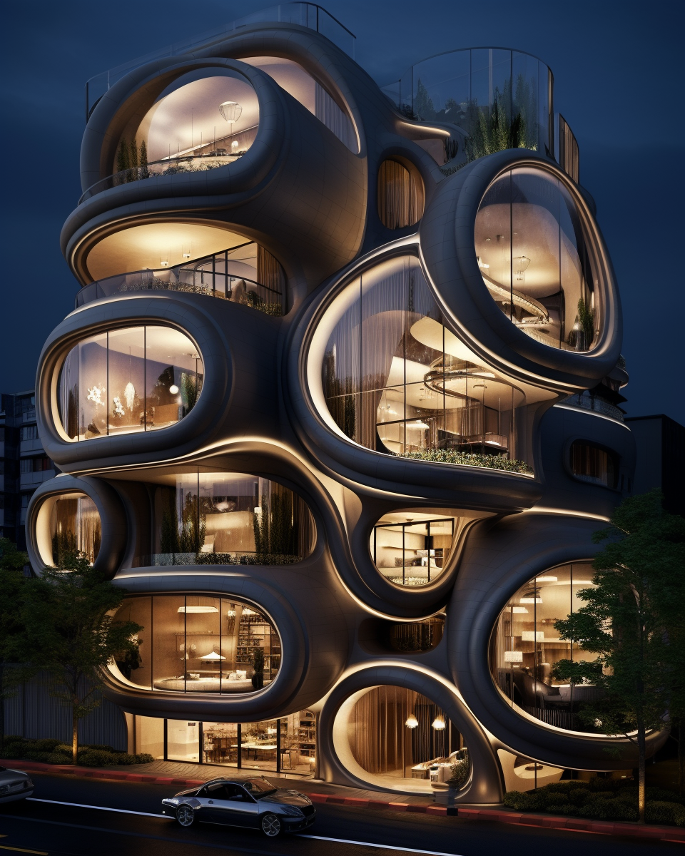 AI generated: Midjourney prompt: this is a hotel that has a lot of windows, in the ... (Midjourney - Architecture)
