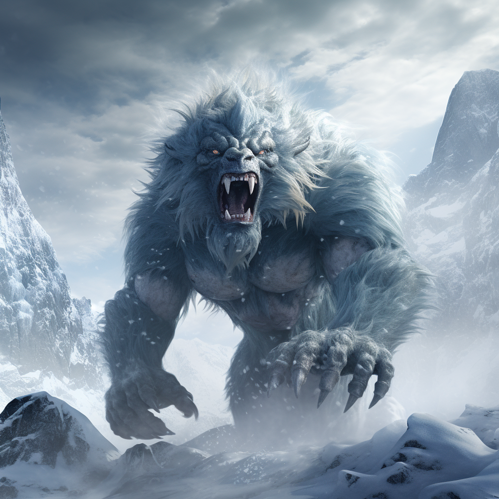 Midjourney prompt: a giant bigfoot creature near the mountains and ic... - Midjourney