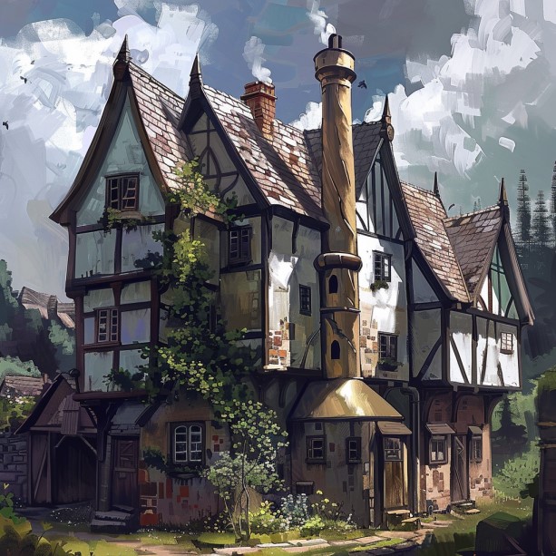AI generated: Midjourney prompt: Three tudor terraced houses as one house | The chi... (Midjourney - Architecture)
