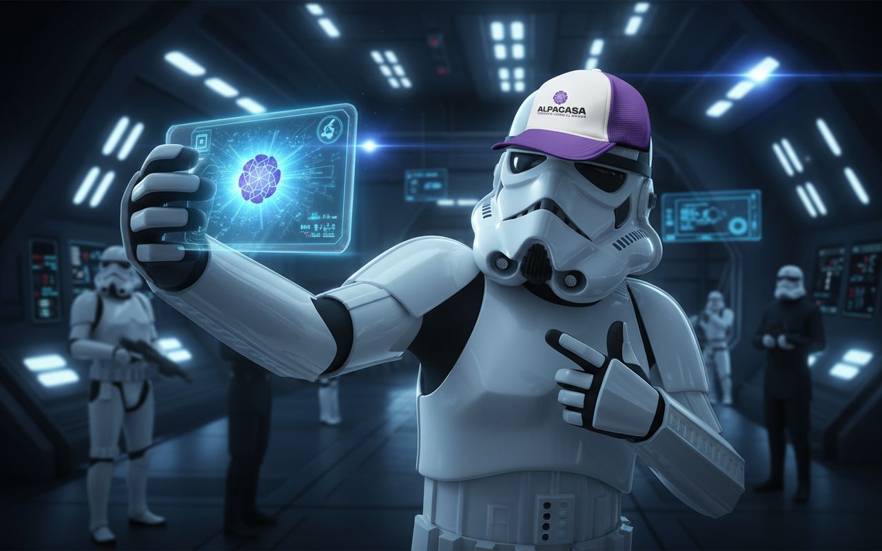 Holocom Raceways Nano Banana prompt: Un Stormtrooper vistiendo la gorra ad...