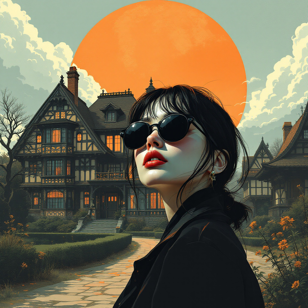 صورة مولدة بالذكاء الاصطناعي: FLUX prompt: a woman with sunglasses beside an old-fashioned ma... (نموذج FLUX - أنمي)