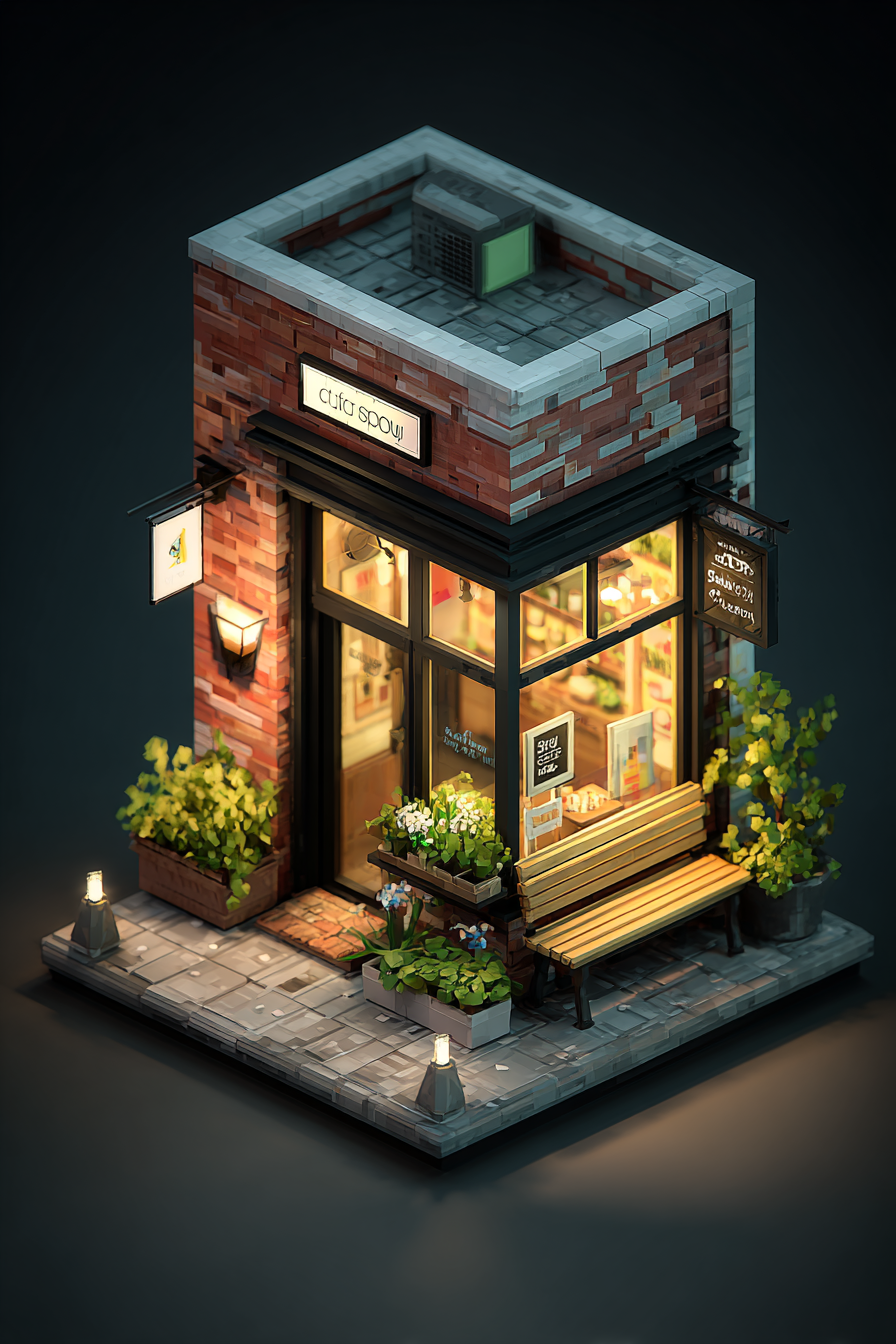 AI generated: Midjourney prompt: isometric view, tiny art supply shop tucked in an ... (Midjourney - Architecture)