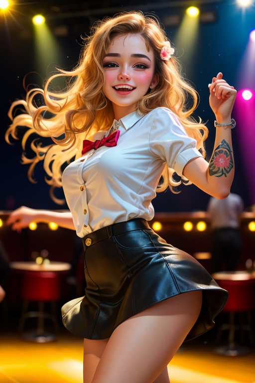 صورة مولدة بالذكاء الاصطناعي: ReV Animated prompt: close up of a happy 18yo girl (dancing:1.1) in the... (نموذج ReV Animated - تصوير فوتوغرافي)