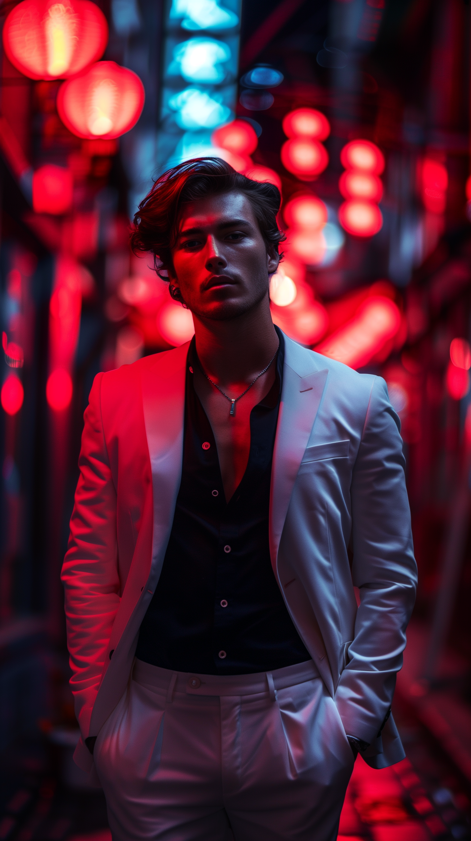 صورة مولدة بالذكاء الاصطناعي: Midjourney prompt: photography, male model dressed in an white suit a... (نموذج Midjourney - تصوير فوتوغرافي)