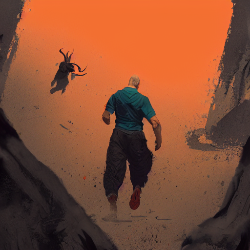 Stable Diffusion prompt: man in orange t - shirt chased b...