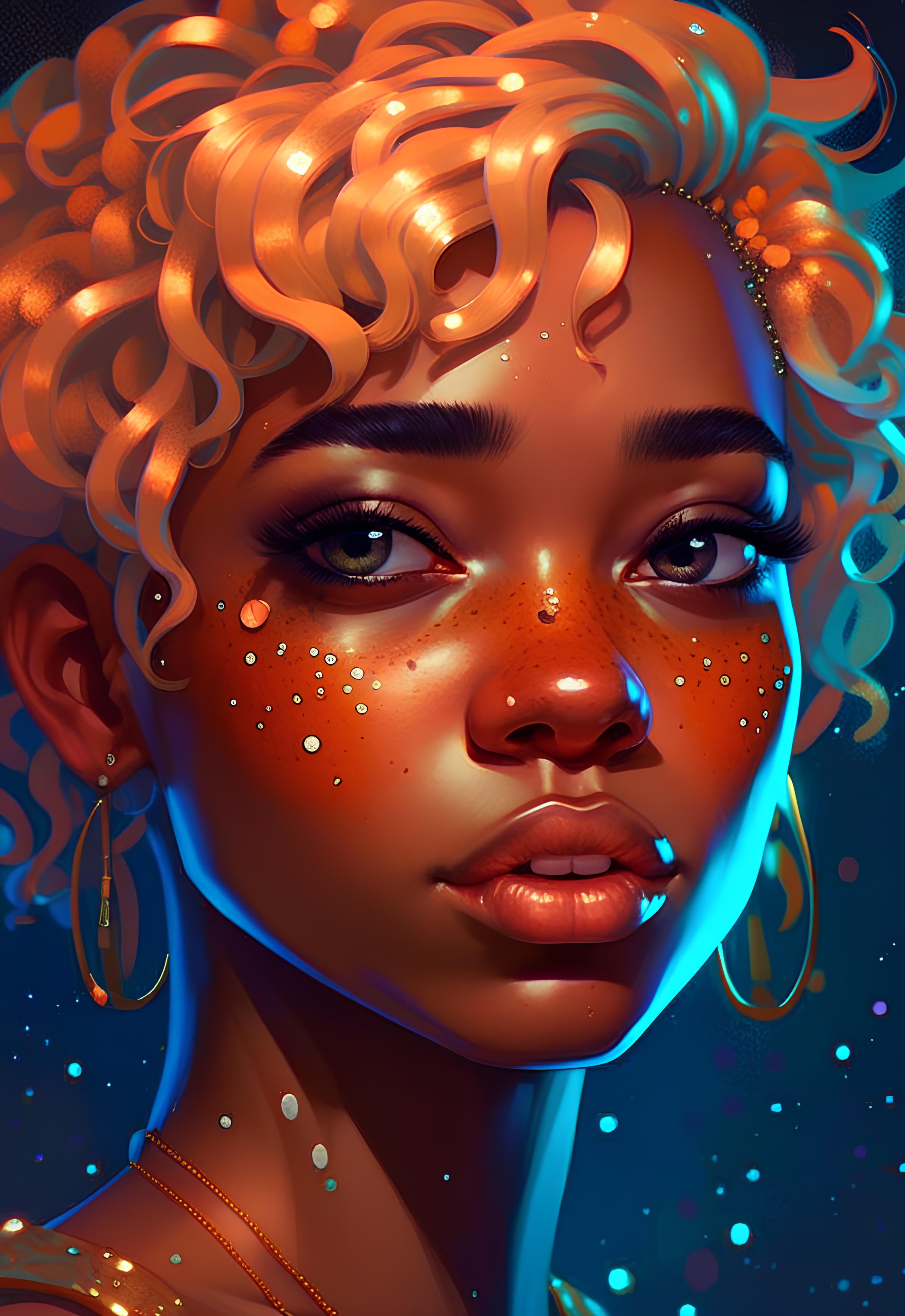 Deliberate prompt: a drawing of a woman with freckles on her face, in... - Deliberate