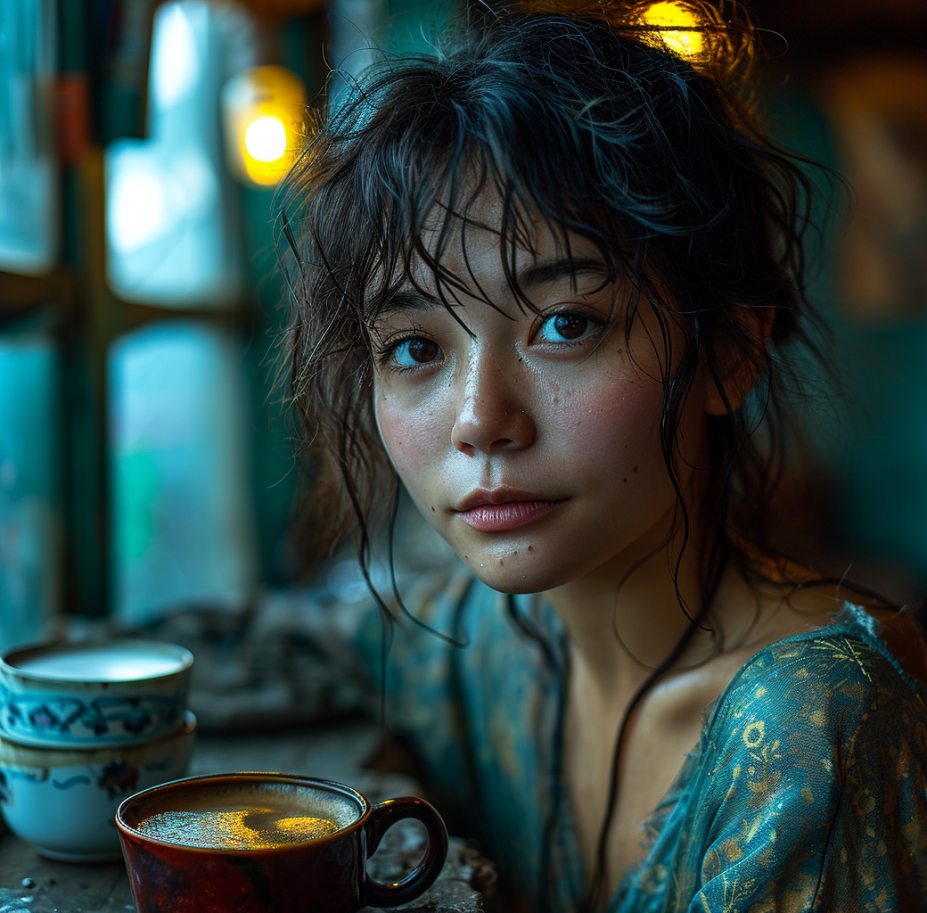 AI generated: Midjourney prompt: Beautiful woman drinking coffee, in the style of m... (Midjourney - Photography)