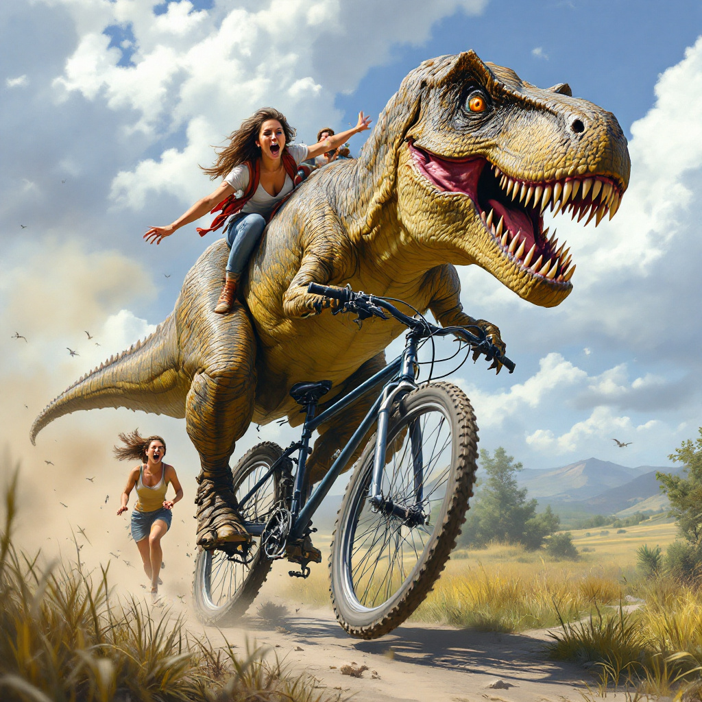 FLUX prompt: Highly realistic Tyrannosaurus rex riding a ...