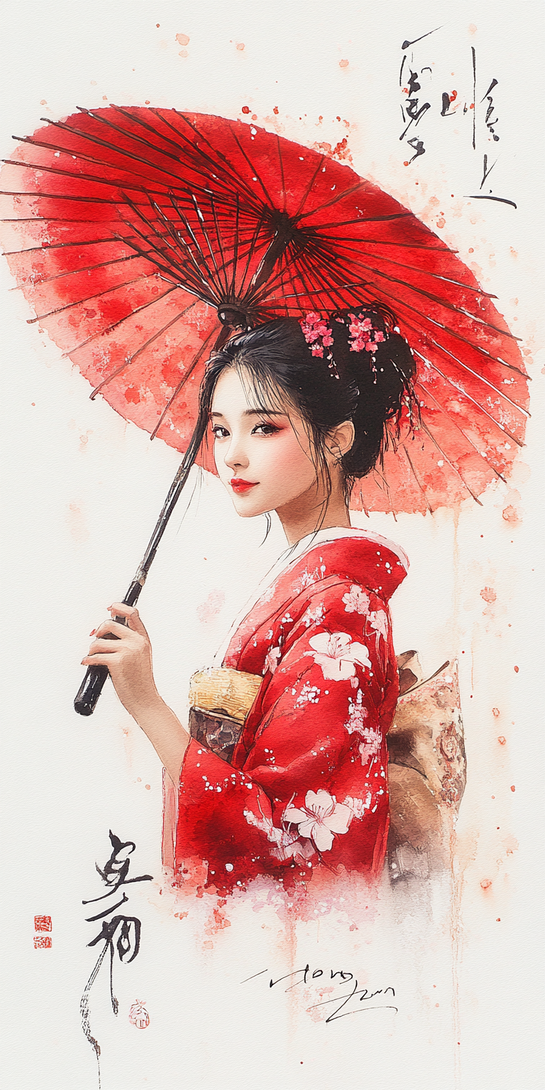 Midjourney prompt: Japanese ink portrait of a woman, in the style of ... - Midjourney