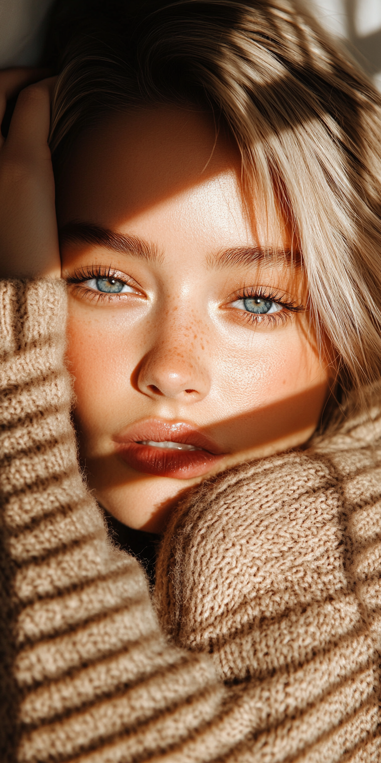 Midjourney prompt: an attractive young woman with blue eyes lying fac... - Midjourney