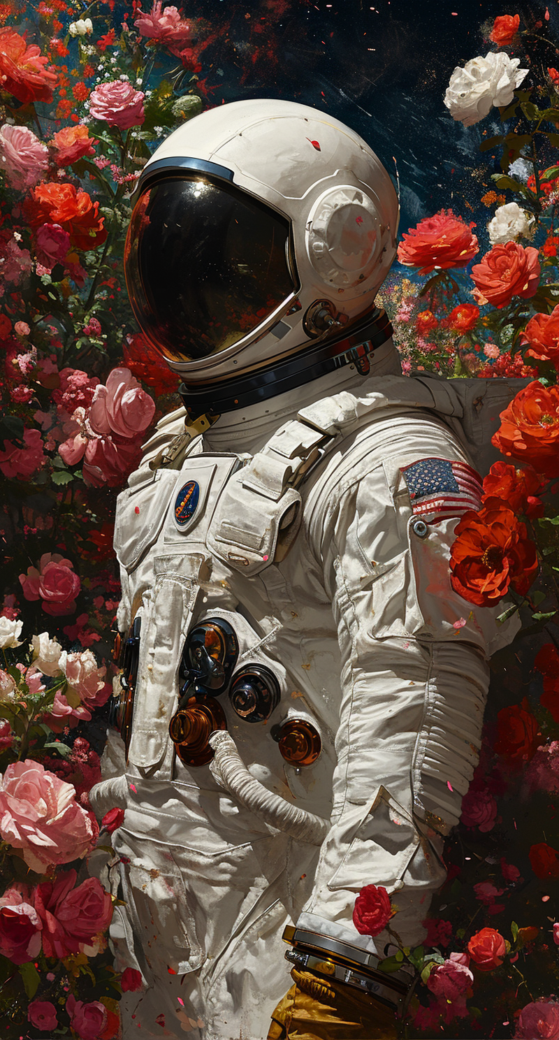 AI generated: Midjourney prompt: an astronaut wearing a helmet painted, Walking on ... (Midjourney - Photography)