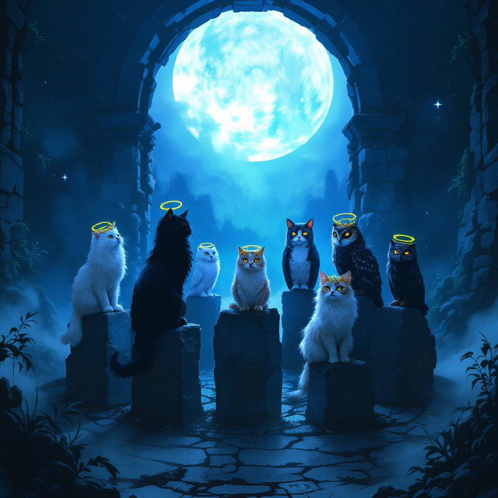 FLUX prompt: Moonlit gothic ruins, deep indigo fog — circle o... - FLUX