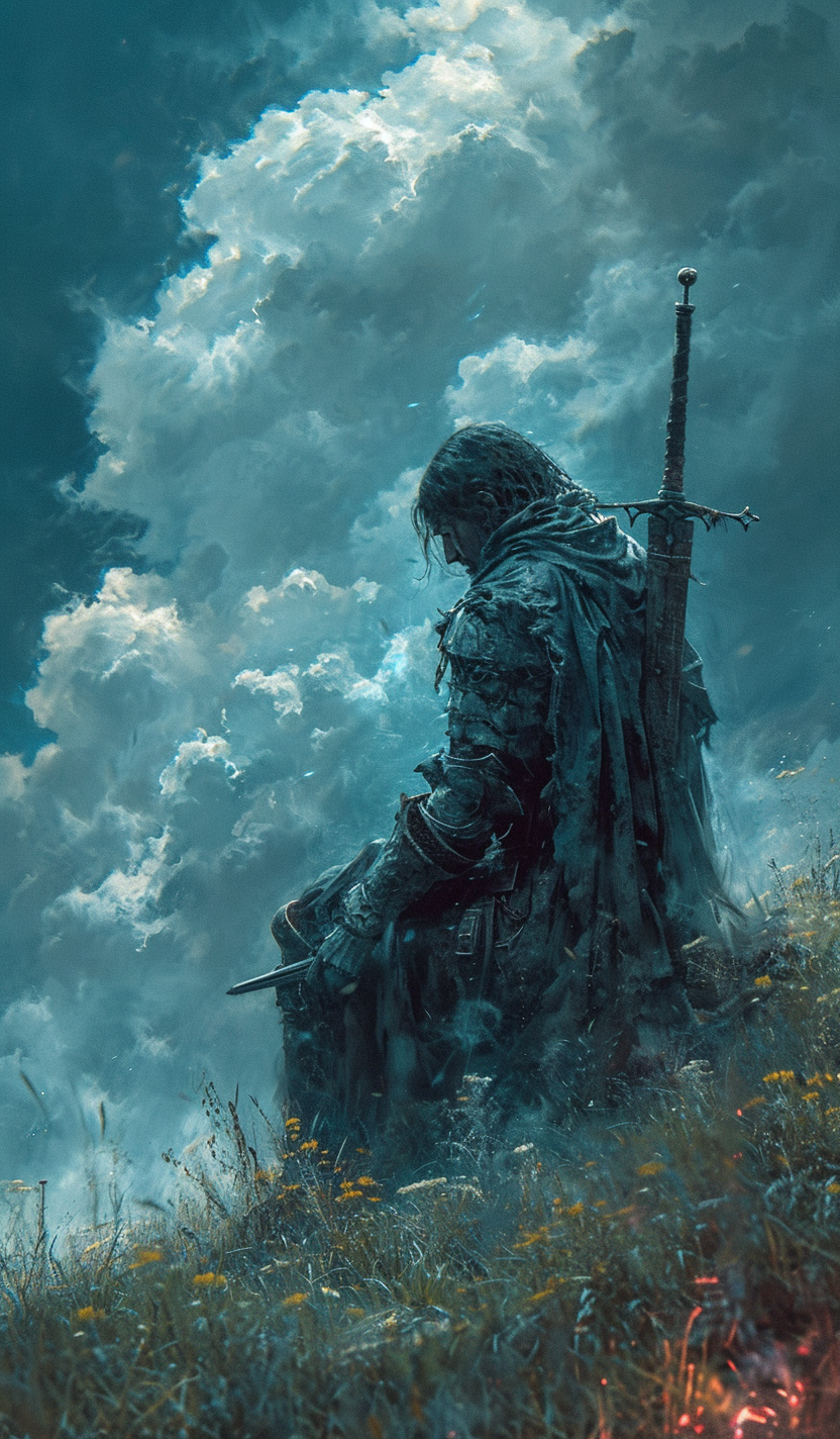 AI generated: Midjourney prompt: a painting of a knight sitting outdoors, in the st... (Midjourney - Character Design)