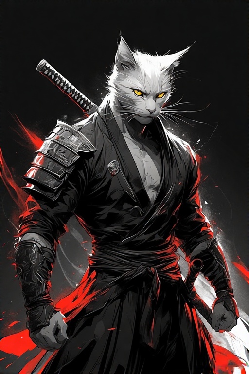 AI generated: ChatGPT Image prompt: samurai-cat, katana on belt, yellow eyes, black an... (ChatGPT Image - Animals & Nature)