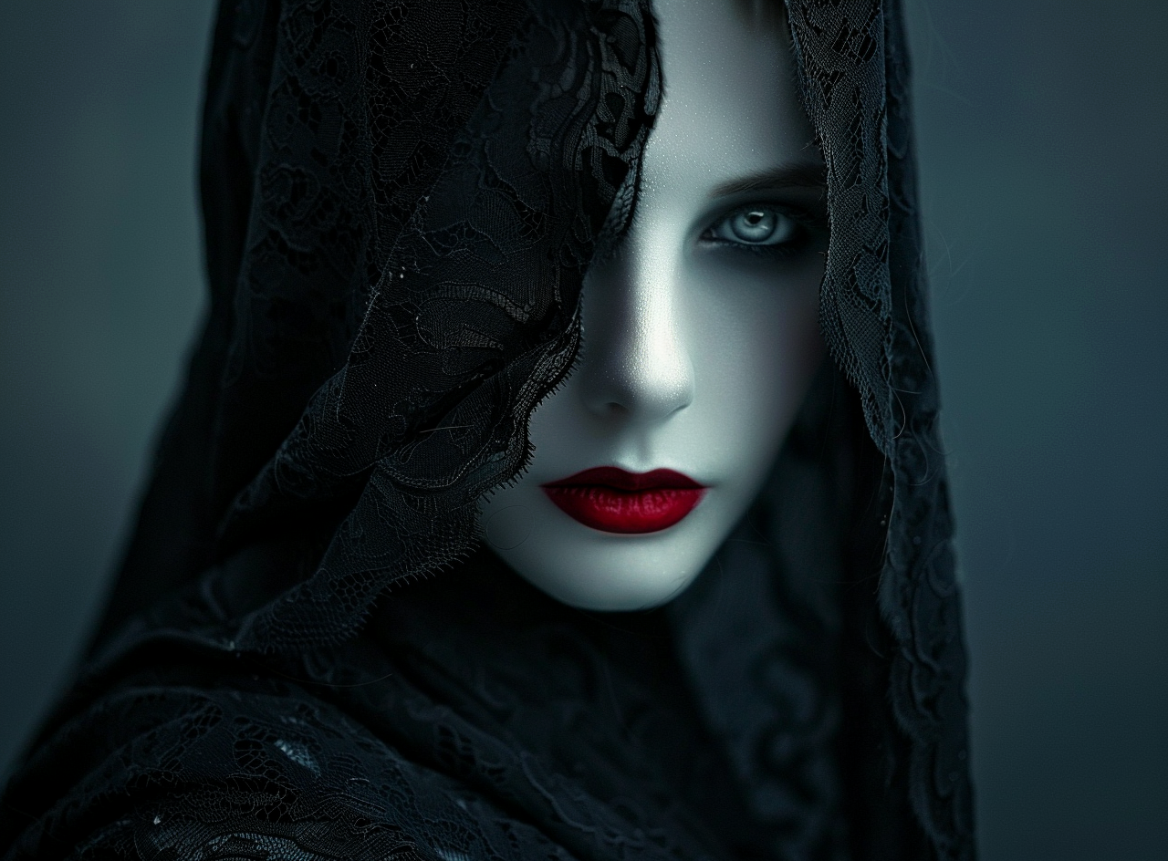صورة مولدة بالذكاء الاصطناعي: Midjourney prompt: A mysterious woman with porcelain skin, red lipsti... (نموذج Midjourney - Character Design)