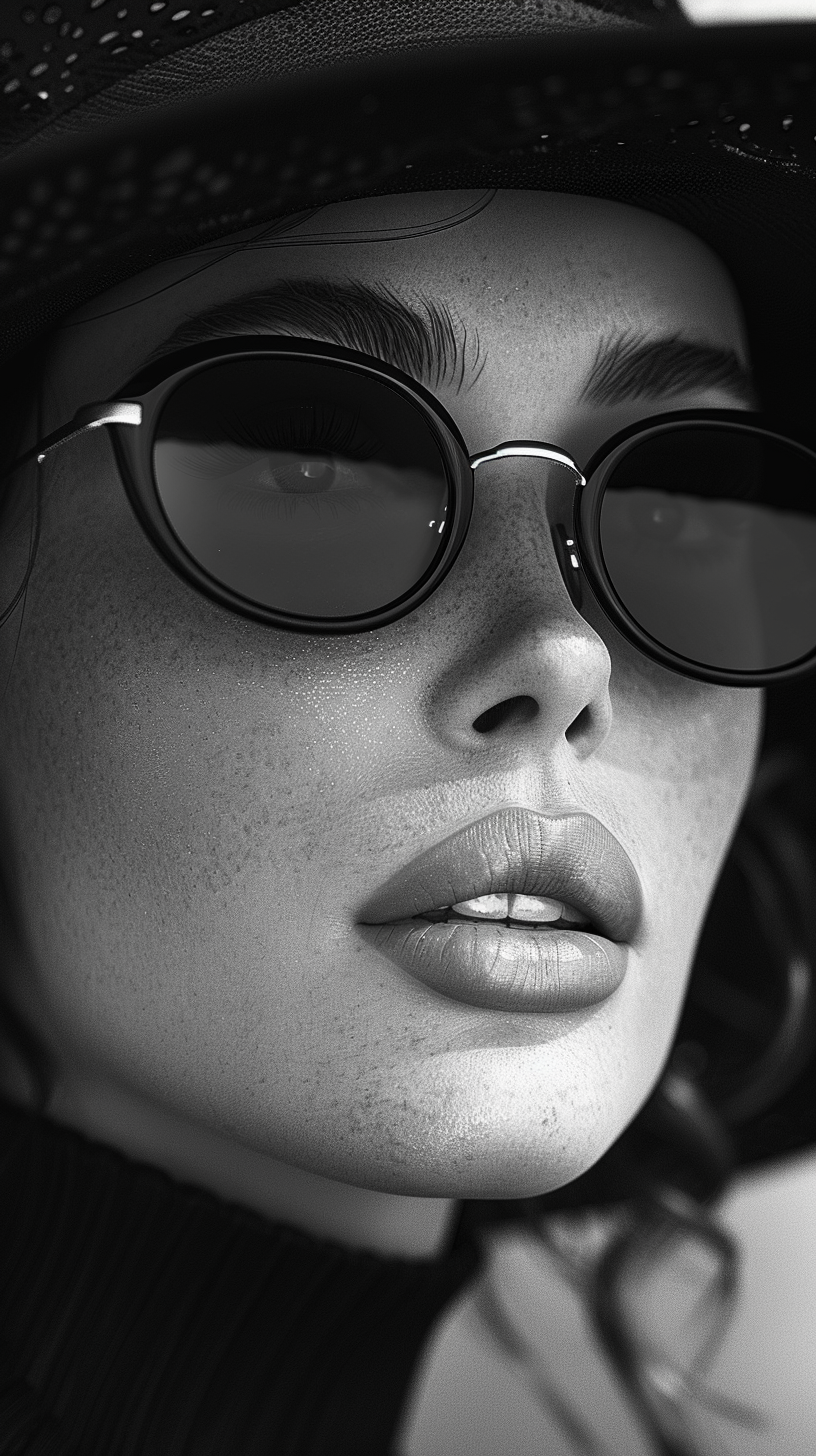 AI generated: Midjourney prompt: a woman wearing black sunglasses and a hat, in the... (Midjourney - Photography)