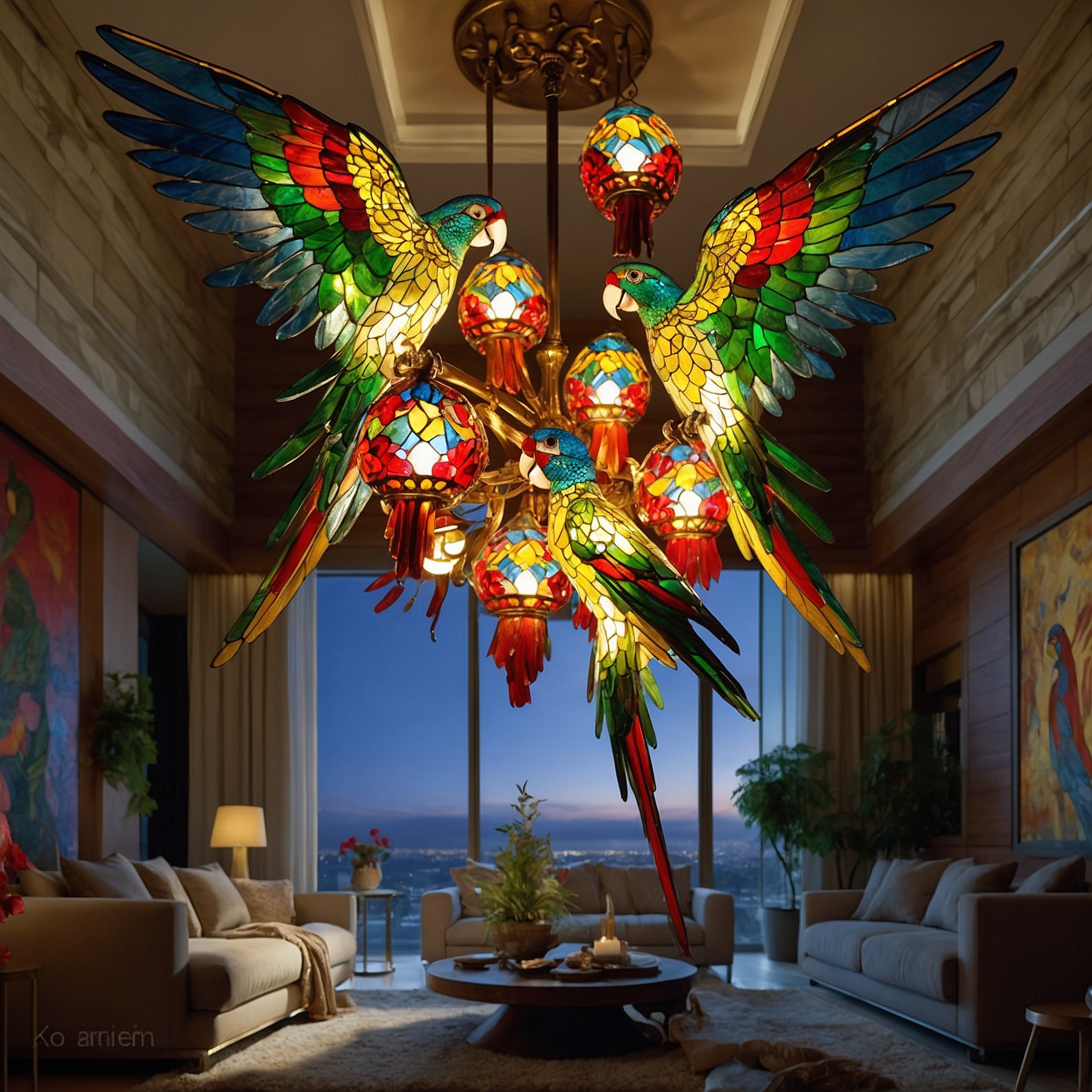 AI generated: Stained Parrot Chandelier (SD XL - Photography)