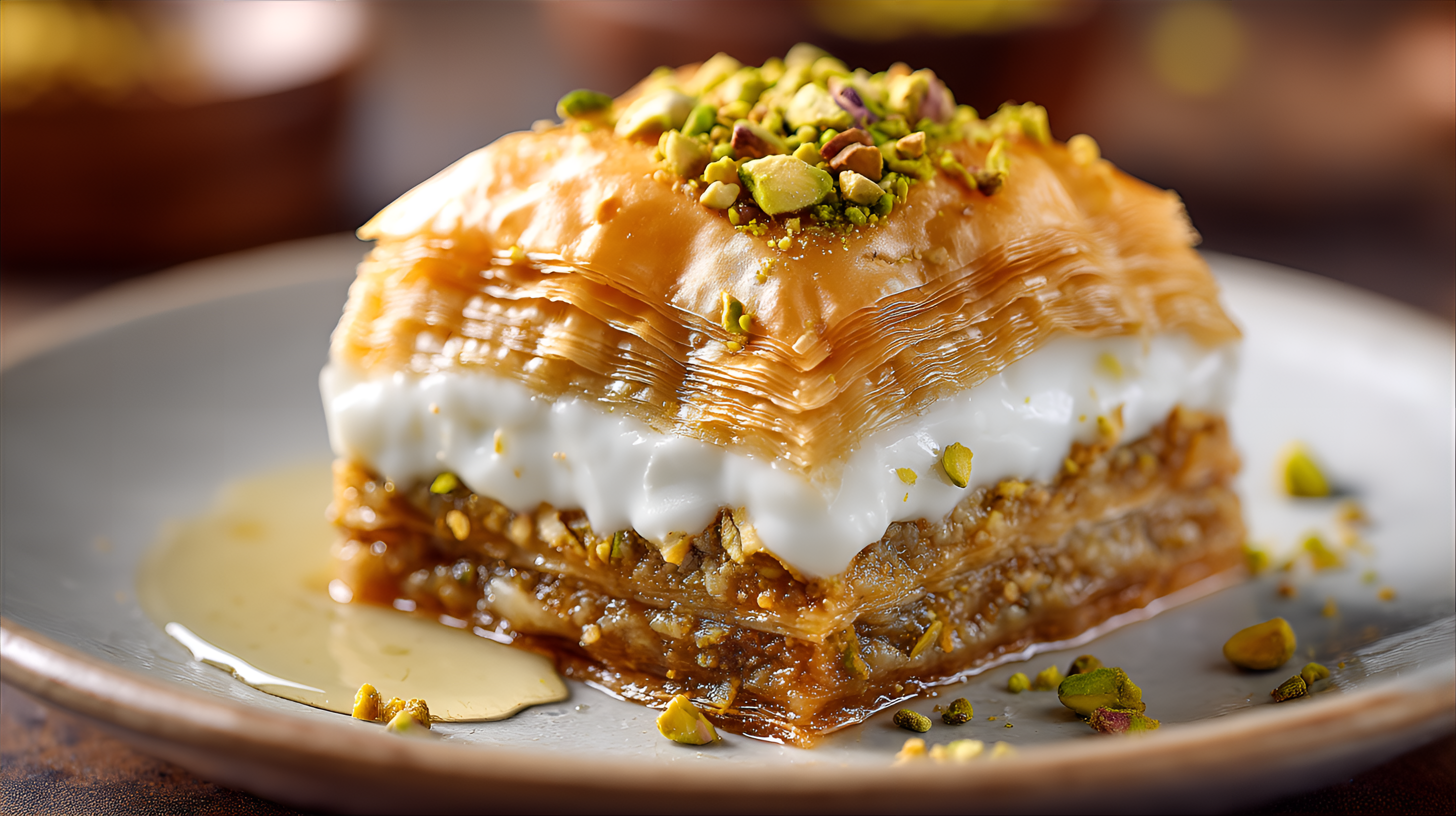 AI generated: Midjourney prompt: slice of baklava, displayed on a plate. The bakla... (Midjourney - Food & Drink)