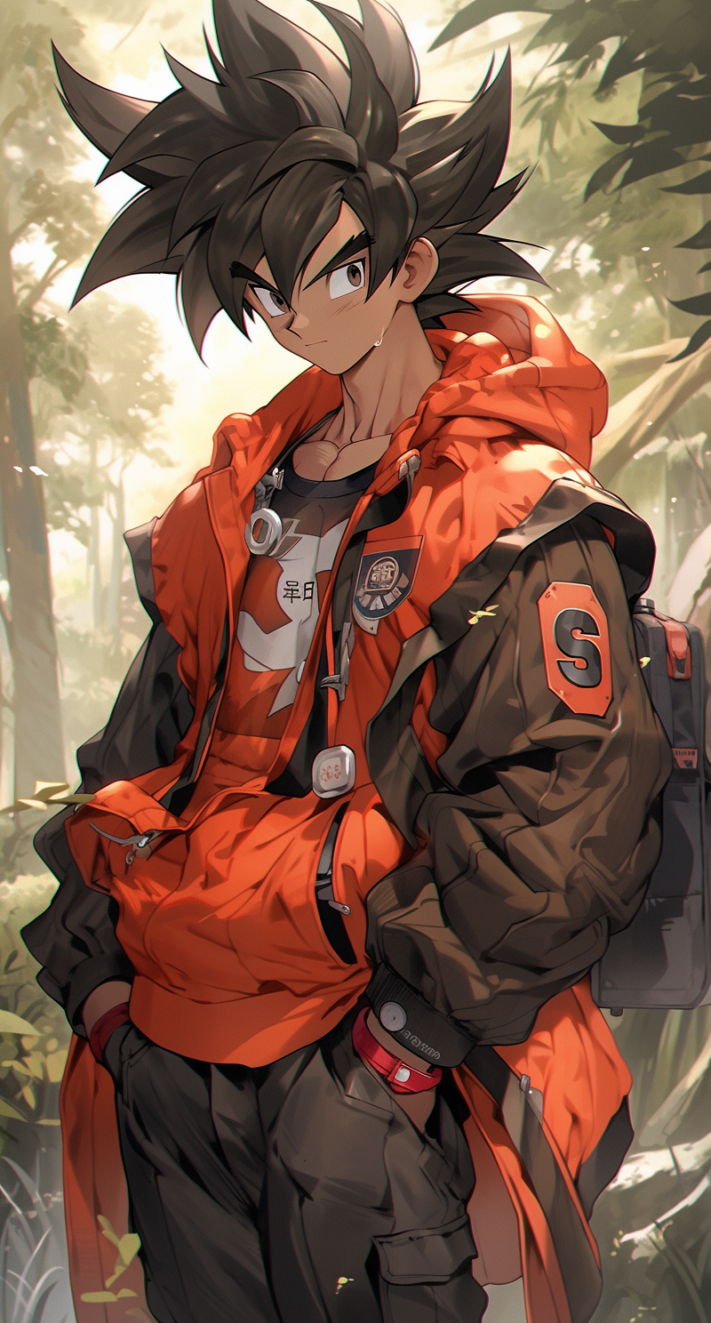 AI generated: Midjourney prompt: a red dragon ball z character in the forest, in th... (Midjourney - Anime)