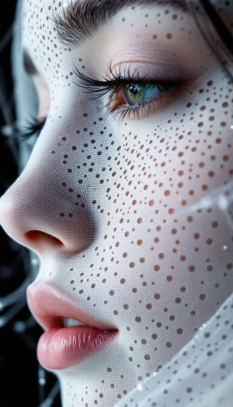 AI generated: FLUX prompt: close up macro shot, perforated holes in face, whi... (FLUX - Portraits)