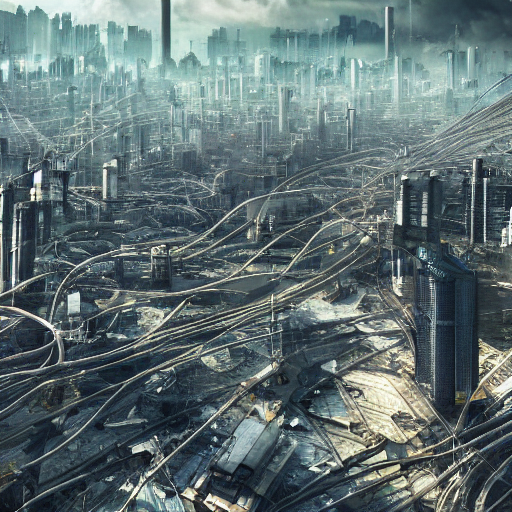 Stable Diffusion prompt: a dystopic future city, cables,